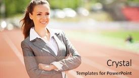  Presentation with race track - PPT layouts consisting of energy service company - businesswoman sport manager and executive background and a  colored foreground