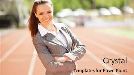  Presentation with race track - PPT theme consisting of energy service company - businesswoman sport manager and executive background and a  colored foreground