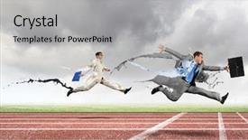  Presentation with running sock - Cool new slide deck with energy service company - funny image of young businesspeople backdrop and a  colored foreground