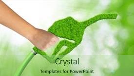  Presentation with green energy - PPT theme featuring energy shortage - hand holding green gasoline fuel background and a mint green colored foreground