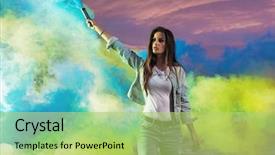  Presentation with makeup fashion model applying lipstick - Colorful slides enhanced with energy signal - beautiful young sexy fashion model backdrop and a yellow colored foreground