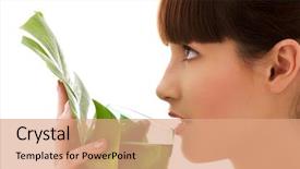  Presentation with energy drink - PPT theme featuring energy soft drink - picture of woman with green background and a coral colored foreground