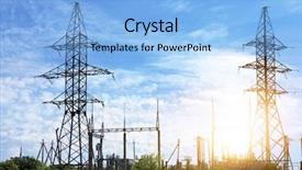  Presentation with energy transmission - PPT theme having energy substations - field with electrical transmission towers background and a light blue colored foreground