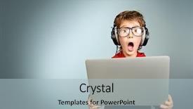  Presentation with headphones - PPT theme featuring enfants et internet - cute boy in spectacles background and a light blue colored foreground