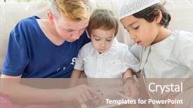  Presentation with tablet - PPT theme having enfants et internet - happy brother playing on tablet background and a coral colored foreground