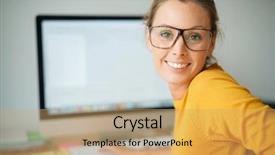  Presentation with old desktop computer - PPT theme enhanced with enfermeria - cheerful trendy girl working background and a  colored foreground