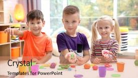  Presentation with playdough - Cool new PPT layouts with engagement model - little children engaged in playdough backdrop and a coral colored foreground
