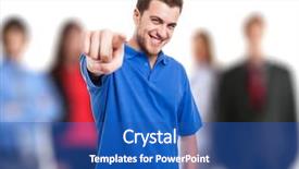  Presentation with finger - Cool new slide deck with engagement model - smiling man pointing his finger backdrop and a teal colored foreground