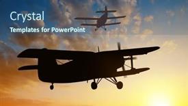  Presentation with airplane engine - PPT layouts enhanced with engine airplane flying at sunset background and a ocean colored foreground