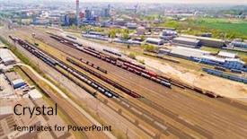 Presentation with rail transportation - PPT theme having engine house flight over track background and a coral colored foreground