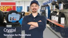  Presentation with garage car - PPT layouts consisting of engine parts - smiling car mechanic over garage background and a tawny brown colored foreground
