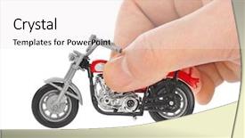  Presentation with motorbike - Theme having engine piston - hand with toy motorbike isolated background and a sky blue colored foreground