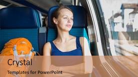  Presentation with coal train - Cool new PPT layouts with engine railway - young woman traveling by train backdrop and a coral colored foreground