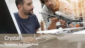  Presentation with working together - Colorful slide deck enhanced with engineer and technician working together backdrop and a  colored foreground