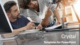  Presentation with working together - Slide deck featuring engineer and technician working together background and a  colored foreground