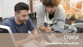  Presentation with working together - Colorful slide set enhanced with engineer and technician working together backdrop and a  colored foreground