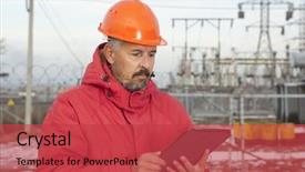  Presentation with electric distribution substation power - Cool new PPT theme with engineer at electrical substation electrical backdrop and a red colored foreground