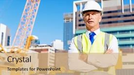  Presentation with construction site construction - Slide set with engineer builder at construction site background and a coral colored foreground