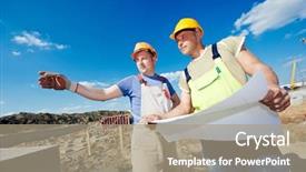  Presentation with engineering desk of civil engineer - Beautiful presentation theme featuring engineer builders with blueprint plan backdrop and a coral colored foreground