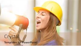  Presentation with woman engineer - PPT layouts consisting of engineer construction worker woman communicates shouting loud holding a megaphone expressing success and positive concept idea for marketing or sales background and a coral colored foreground