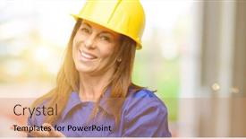  Presentation with woman engineer - Cool new slides with engineer construction worker woman holding something in empty hand backdrop and a coral colored foreground