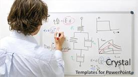  Presentation with equation - Amazing PPT theme having engineer drawing a complex physics equation on a whiteboard backdrop and a light gray colored foreground