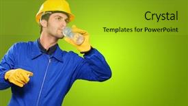  Presentation with electrical engineer electrical water pump - Slides enhanced with engineer drinking water on green background and a gold colored foreground