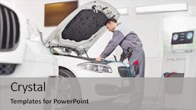  Presentation with repair shop - Presentation design consisting of engineer examining car in automobile background and a light gray colored foreground