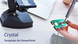  Presentation with computer - Slide set consisting of engineer fixing broken computer hard background and a sky blue colored foreground