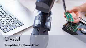  Presentation with broken relationship fixing a concept - Presentation theme consisting of engineer fixing broken computer hard background and a light blue colored foreground