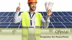  Presentation with solar farm - Slide set having engineer-holding-money-and-pointing background and a soft green colored foreground