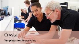  Presentation with checks - Colorful slide set enhanced with engineer in factory with apprentice backdrop and a coral colored foreground