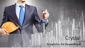  Presentation with project - Presentation theme enhanced with engineer in helmet drawing construction background and a light gray colored foreground