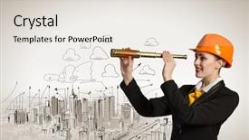  Presentation with woman engineer - Presentation consisting of engineer in helmet with scope background and a sky blue colored foreground