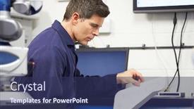  Presentation with mechanical engineering engineer tools - Presentation theme consisting of engineer looking at plans with cmm arm in foreground background and a ocean colored foreground