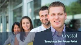  Presentation with coworkers - Presentation design with engineer posing with coworkers in row in front of building background and a ocean colored foreground