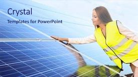  Presentation with electrical engineer solar portable - Beautiful PPT theme featuring engineer standing near solar panel backdrop and a sky blue colored foreground