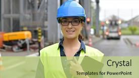  Presentation with industrial engineer - Cool new theme with engineer standing outside recycling factory backdrop and a yellow colored foreground