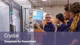  Presentation with cnc machine - Presentation with engineer training apprentices on cnc background and a violet colored foreground