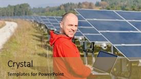  Presentation with energy solar - PPT layouts featuring engineer using laptop at solar background and a gold colored foreground