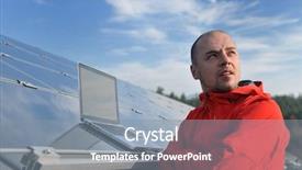  Presentation with solar energy - Audience pleasing PPT theme consisting of engineer using laptop at solar backdrop and a mint green colored foreground