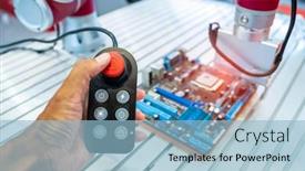  Presentation with time machine - Colorful presentation theme enhanced with engineer-using-tablet-to-control backdrop and a light blue colored foreground