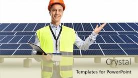  Presentation with solar farm - PPT theme with engineer-wearing-a-reflective-vest background and a soft green colored foreground