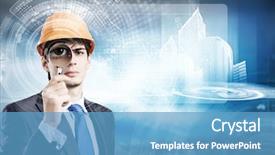  Presentation with young - Amazing slide set having engineer with magnifier against construction backdrop and a teal colored foreground