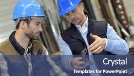  Presentation with mechanical engineering - PPT theme consisting of engineer with mechanical worker checking background and a ocean colored foreground