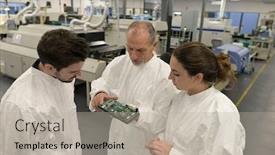  Presentation with industry - Cool new PPT theme with engineer-with-trainees-in-microelectronics backdrop and a light gray colored foreground