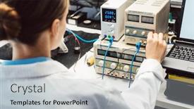  Presentation with testing - Beautiful PPT theme featuring engineer-woman-in-electronics-lab backdrop and a light gray colored foreground
