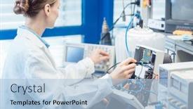  Presentation with electronic engineer - Audience pleasing slides consisting of engineer-woman-measuring-electronic-product backdrop and a light blue colored foreground