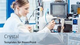  Presentation with test engineer - PPT theme having engineer-woman-measuring-electronic-product background and a light blue colored foreground