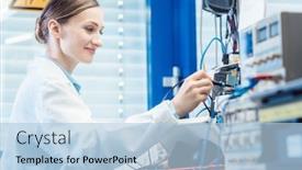  Presentation with test engineer - Presentation theme featuring engineer-woman-measuring-electronic-product background and a light blue colored foreground